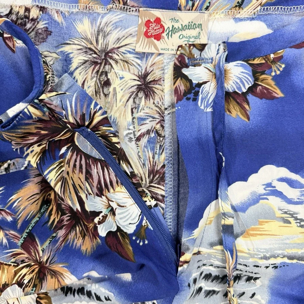 Vintage Hilo Hattie Hawaiian Capri Pants Women's L Blue Tropical Island Zip